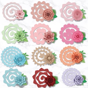 May include: A collection of paper flower designs in various colors, including pink, peach, blue, and red. Each design features a spiral element and a detailed paper flower with green leaves. The flowers are arranged on a white marble background.