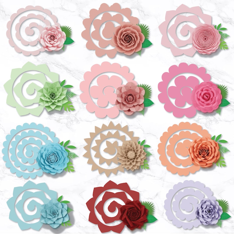 May include: A collection of paper flower designs in various colors, including pink, peach, blue, and red. Each design features a spiral element and a detailed paper flower with green leaves. The flowers are arranged on a white marble background.