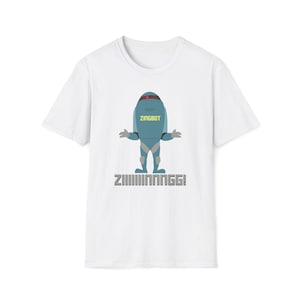 May include: White t-shirt featuring a cartoon robot character with the word "ZINGBOT" on its chest. The robot is light blue with a red headpiece and outstretched arms. Below the robot is the word "ZIIIIIIINNNGG!"