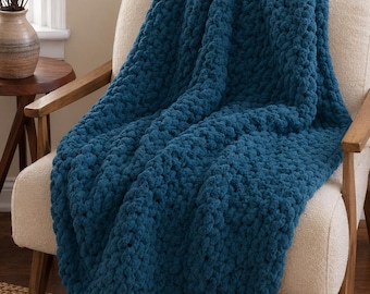 Midnight Harbor Chunky Knit Chenille Blanket | Handmade Indigo Throw | Cozy Farmhouse Decor | 40x50