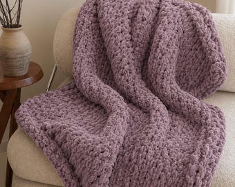 Vintage Mauve Chunky Knit Blanket – Handmade Chenille Throw, Soft Cozy Mauve Blanket, Boho Home Decor, Gift for Her