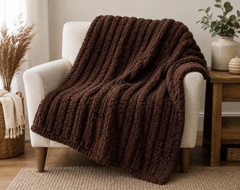 Chunky Knit Fall Blanket – Chocolate Brown, Mustard Gold or Checkered – Handmade 40x50 Cozy Throw Blanket