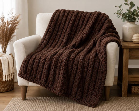 Chunky Knit Fall Blanket – Chocolate Brown, Mustard Gold or Checkered – Handmade 40x50 Cozy Throw Blanket