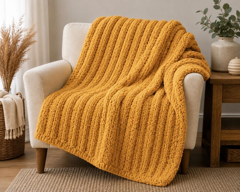 May include: A mustard yellow chunky knit throw blanket with a prominent vertical ribbed texture. The blanket is draped over a light-colored armchair, showcasing its thick, soft yarn construction and consistent, repeating linear pattern throughout.