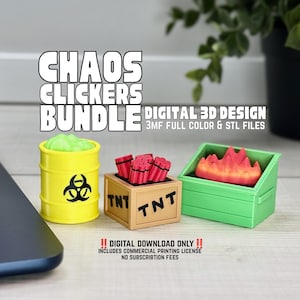 May include: A digital 3D design bundle titled CHAOS CLICKERS BUNDLE DIGITAL 3D DESIGN 3MF FULL COLOR & STL FILES. It features a yellow biohazard barrel with green slime, a tan TNT crate with red sticks, and a green dumpster with orange flames.