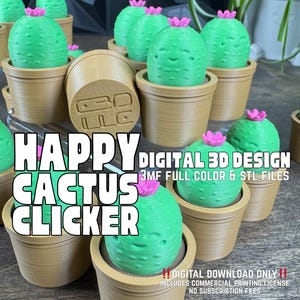 Puede incluir: Una colección de objetos verdes con forma de cactus y detalles de flores rosas, cada uno en una maceta marrón. La imagen incluye el texto "HAPPY CACTUS CLICKER" y "DIGITAL 3D DESIGN".