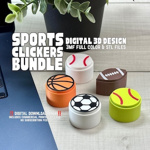 May include: A digital 3D design bundle of sports clickers featuring a white baseball, orange basketball, brown football, black and white football, and yellow softball. The text reads SPORTS CLICKERS BUNDLE DIGITAL 3D DESIGN 3MF FULL COLOR & STL FILES.