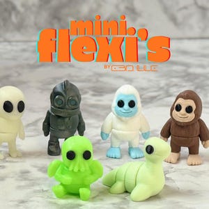 May include: A collection of six miniature, articulated figures. The figures include an alien, a robot, a yeti, a bigfoot, a green creature, and a sea creature. The text "mini. flexi's" is displayed above the figures.