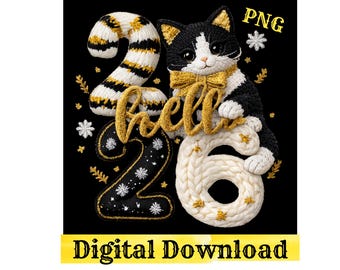 Hello 2026 Cat PNG: New Year Cute Cat Clipart png Holiday Decoration (Digital Download)