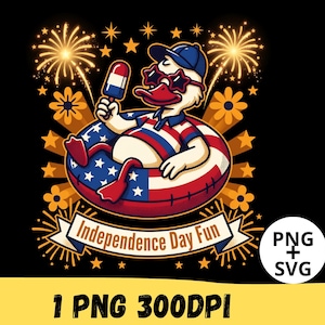 May include: A graphic illustration of a white duck wearing a blue cap and star-shaped sunglasses, floating in a red, white, and blue American flag-patterned inner tube while holding a popsicle, with fireworks and the text Independence Day Fun.