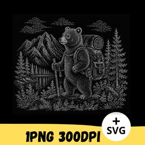 May include: A black and white graphic illustration of a bear wearing a large backpack and holding a walking stick. The bear stands in a forest landscape with mountains and a lake in the background. The text 1PNG 300DPI + SVG is visible.