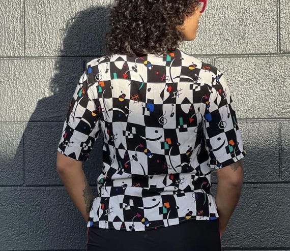 1990's Guess Checkered Button-Down Abstract Short… - image 7