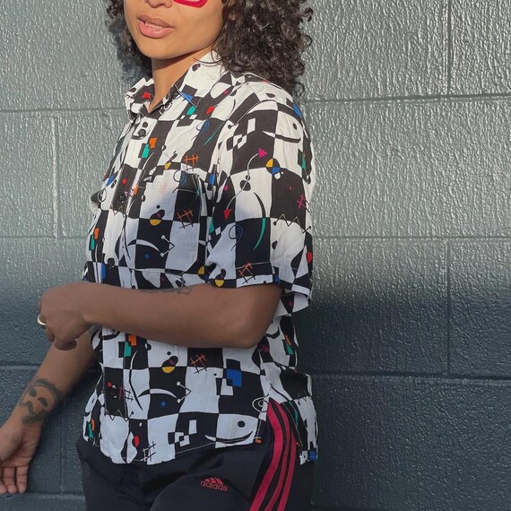 1990's Guess Checkered Button-Down Abstract Short… - image 5