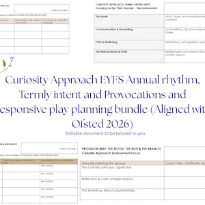 Puede incluir: Documento blanco con el texto "Curiosity Approach EYFS Annual rhythm, Termly intent and Provocations and Responsive play planning bundle (Aligned with Ofsted 2026)". Incluye tablas y diseños florales.