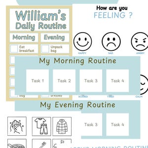 Op de afbeelding: Een visuele dagelijkse routinekaart met de tekst "William's Daily Routine" en "Abby's Morning Routine". De kaart bevat secties voor ochtend- en avondtaken, met vakjes om af te vinken. Het bevat ook emotie-iconen.