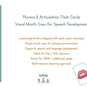 Puede incluir: Tarjetas didácticas de fonética y articulación, con señales visuales de la boca para el desarrollo del habla. Las tarjetas muestran letras minúsculas y formas de boca. El texto incluye "Phonics & Articulation Flash Cards" y "Visual Mouth Cues for Speech Development".