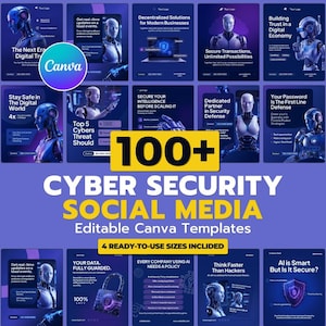 100+ Modern Cybersecurity Social Media Templates Pack, AI Data Protection and Privacy Posts and Stories, Canva Editable Tech Branding Kit