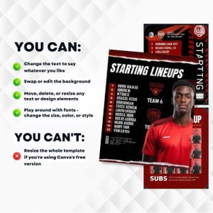 May include: A digital graphic design template for sports starting lineups featuring a red and black color scheme. The layout includes text headers like YOU CAN and YOU CAN'T, a list of player names, and a central image of a player in a red jersey.