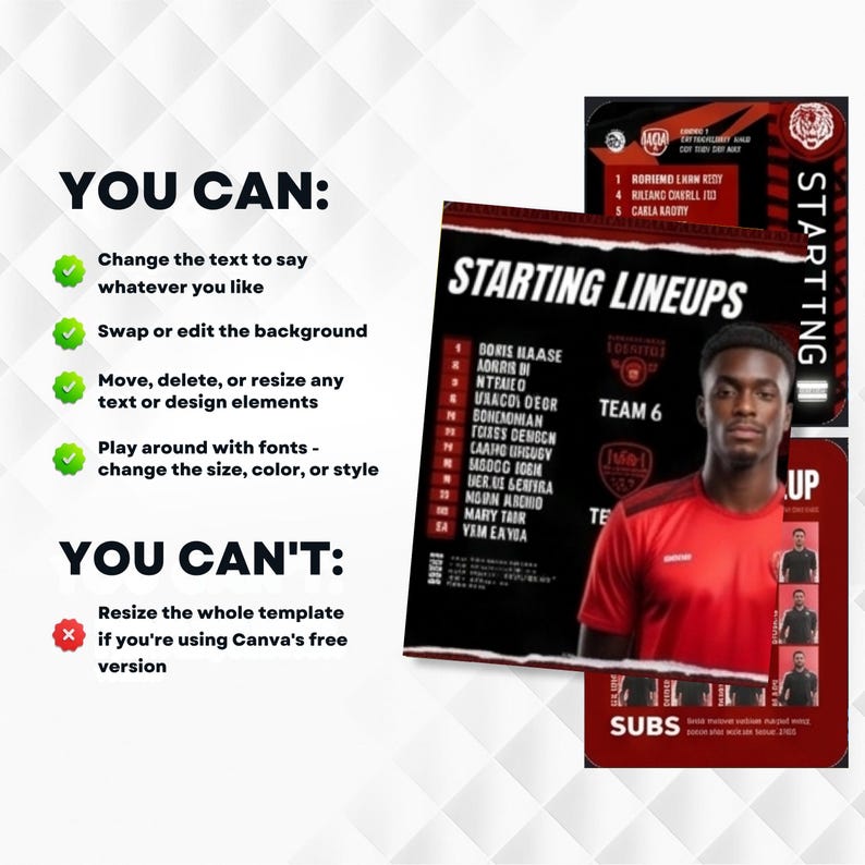 May include: A digital graphic design template for sports starting lineups featuring a red and black color scheme. The layout includes text headers like YOU CAN and YOU CAN'T, a list of player names, and a central image of a player in a red jersey.