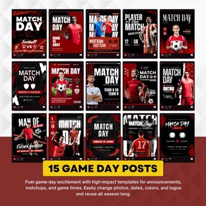 May include: A collection of fifteen digital social media templates for soccer match day announcements, featuring bold red, black, and white graphics, player imagery, and text fields for match details, team names, dates, and game times.