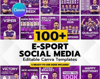 100+ Esports Social Media Templates, Professional Esport Team Canva Graphics, Editable Gaming Instagram Posts, Clan Branding Kit