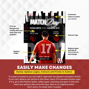 May include: A digital flyer template for a soccer match day featuring a player in a red jersey with the number 17 on the back. The design includes text such as MATCH DAY, LICERIA UNITED VERSUS ALDENAIRE 03 FC, and TICKET BOOKING, with yellow arrows pointing to editable areas.