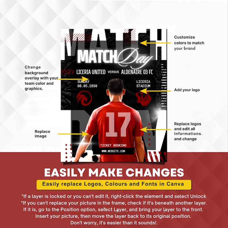 May include: A digital flyer template for a soccer match day featuring a player in a red jersey with the number 17 on the back. The design includes text such as MATCH DAY, LICERIA UNITED VERSUS ALDENAIRE 03 FC, and TICKET BOOKING, with yellow arrows pointing to editable areas.