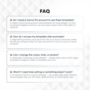 May include: A white FAQ graphic with four questions and answers regarding Canva templates. The text addresses account requirements, access via PDF, editability of colors, fonts, and photos, and support availability for editing assistance.