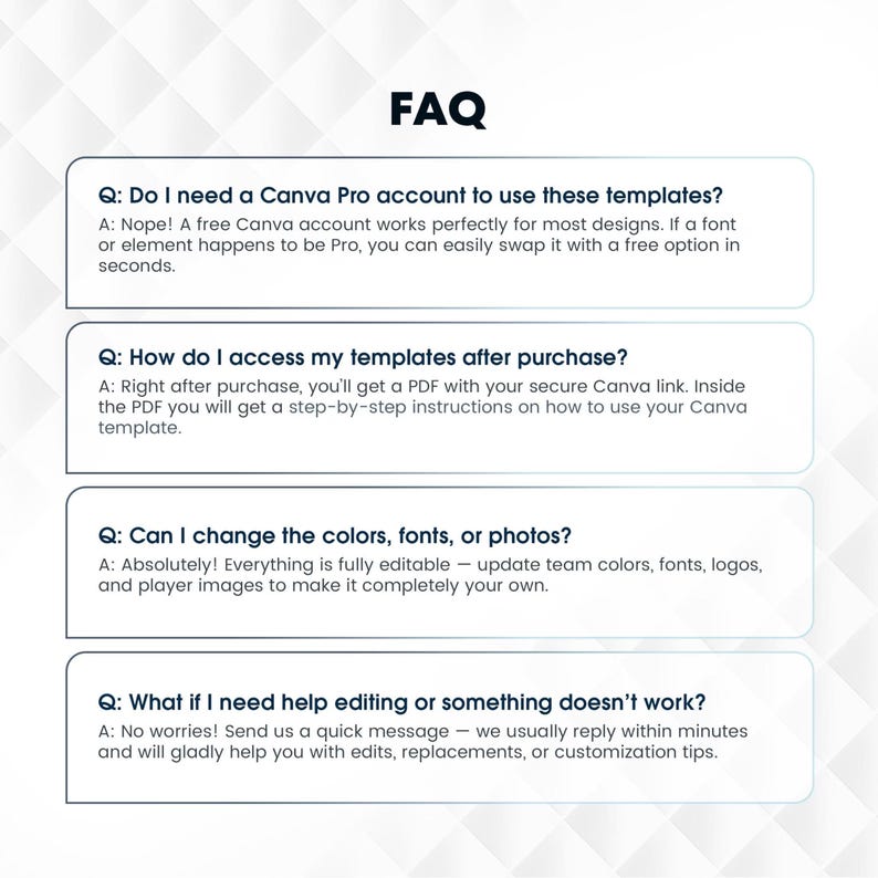 May include: A white FAQ graphic with four questions and answers regarding Canva templates. The text addresses account requirements, access via PDF, editability of colors, fonts, and photos, and support availability for editing assistance.