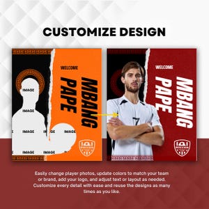 May include: Two vertical graphic design templates for soccer posters featuring a torn paper effect. The left side is black with a Greek key border, and the right side is orange or red with the text WELCOME PAPE MBANG and a soccer club logo.