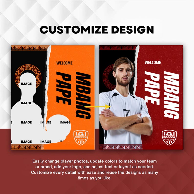 May include: Two vertical graphic design templates for soccer posters featuring a torn paper effect. The left side is black with a Greek key border, and the right side is orange or red with the text WELCOME PAPE MBANG and a soccer club logo.