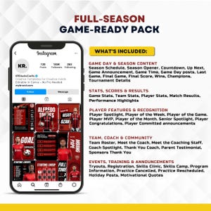 May include: A digital marketing template pack for sports teams featuring a smartphone display of an Instagram profile with red and black graphic posts. The text lists content categories including game day, stats, player features, and team events.