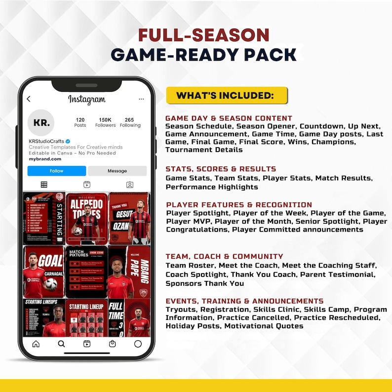 May include: A digital marketing template pack for sports teams featuring a smartphone display of an Instagram profile with red and black graphic posts. The text lists content categories including game day, stats, player features, and team events.