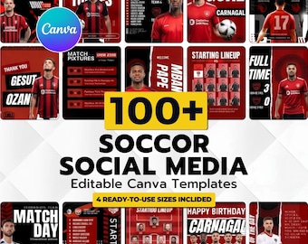Ponad 100 szablonów mediów społecznościowych dla piłki nożnej | Edytowalne projekty Canva na dzień meczu, w centrum uwagi, skład drużyny, harmonogram (do pobrania w wersji cyfrowej)