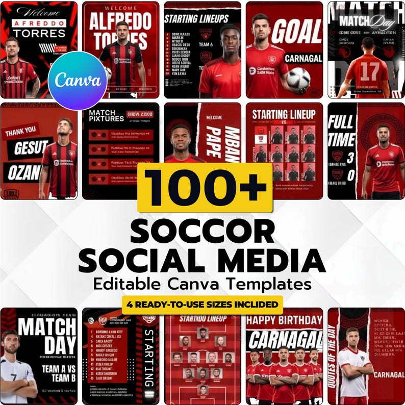 May include: A collection of digital soccer social media templates featuring red and black color schemes, player portraits, match day graphics, starting lineups, and scoreboards with text including Welcome, Starting Lineups, Goal, and Full Time.