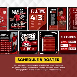 May include: A collection of digital soccer templates featuring red and black color schemes. The designs include layouts for match schedules, team rosters, league tables, player statistics, and game fixtures with text like Man of the Match and Full Time.