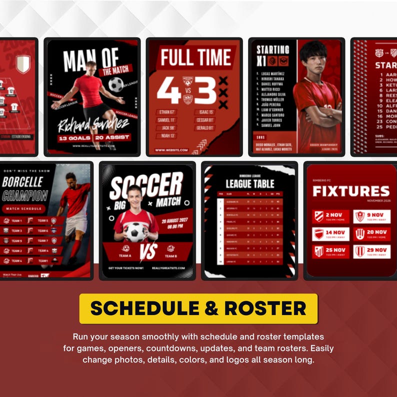 May include: A collection of digital soccer templates featuring red and black color schemes. The designs include layouts for match schedules, team rosters, league tables, player statistics, and game fixtures with text like Man of the Match and Full Time.
