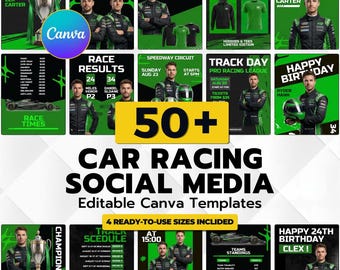 50+ Car Racing Social Media Templates Pack | Motorsport Instagram Post & Story | Editable Canva Designs for Game Day, Player Spotlight