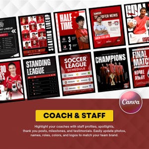 May include: A collection of digital soccer social media templates featuring red, black, and white color schemes. The designs include layouts for starting lineups, halftime scores, transfer news, league standings, schedules, and championship announcements.