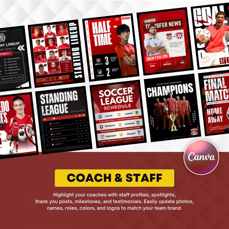 May include: A collection of digital soccer social media templates featuring red, black, and white color schemes. The designs include layouts for starting lineups, halftime scores, transfer news, league standings, schedules, and championship announcements.