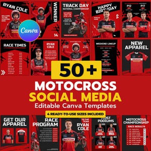 以下が含まれることがあります： Track Day、Race Times、New Apparelなどのテキストが記載された、赤と黒のモトクロス用ソーシャルメディアテンプレート集。ヘルメットを被ったライダー、オートバイ、レース結果の画像がグリッドレイアウトで配置されています。