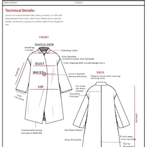 May include: Specification sheet with a coat design, featuring front and back views with measurements in inches. Includes details like shoulder width, sleeve length, and hemline. The sheet also has a space for a logo and technical details.