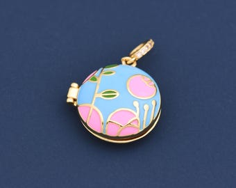 Elegant Blue Floral Charm 18K Gold Filled With Pink Flower And Green Leaf Enamel For Handmade Luxury Jewelry 23*22.5mm