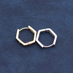 May include: Two hexagonal hoop earrings, one gold-toned and one silver-toned, are displayed against a dark blue background. The earrings have a geometric design and a hinged closure. The gold earring is on the left, and the silver earring is on the right.