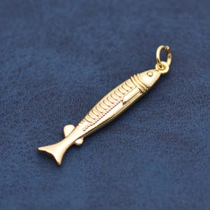May include: A gold-colored fish pendant with a small loop at the top for a chain. The pendant has detailed scales and fins, and is set against a dark blue background. The fish is approximately 2 inches long.