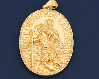 Dainty 18K Gold Filled Patron Locket, St Christopher Picture Charm for Men, Elegant Spiritual Jewelry Gift  54*35mm