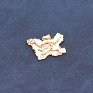May include: A gold-toned metal pendant featuring a raised, detailed relief of a dinosaur skeleton fossil. The pendant has an irregular, jagged edge shape and includes a small, integrated bail at the top for attachment to a necklace chain.