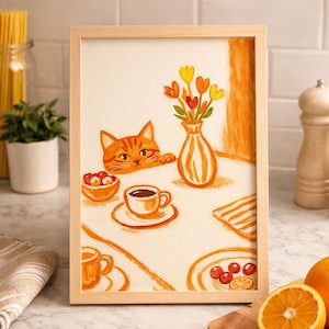 May include: A framed illustration depicts a ginger cat peeking over a table set with a cup of coffee, a vase of flowers, and a bowl of fruit. The artwork has a warm color palette of orange and cream, with a wooden frame. The image is a still life.