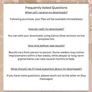 May include: A digital document with the title "Frequently Asked Questions" in a soft, floral-themed design. The text addresses topics like download availability, editing instructions using Canva, and expected results timelines. Contact information is provided.