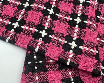 Pink Black Tweed Style Fabric by the Yard, Textured Woven Couture Inspired Fabric Plaid Tweed Material, 150cm Wide